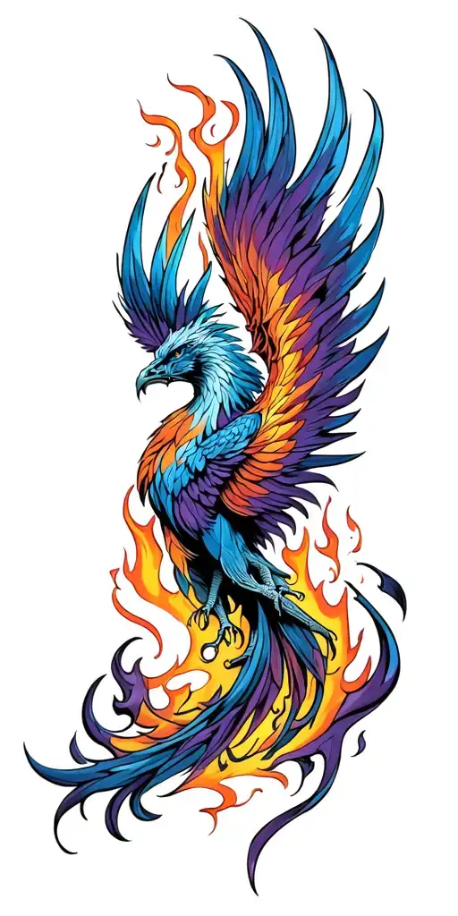 Blue And Purple Phoenix Rising From Flames Surrounding