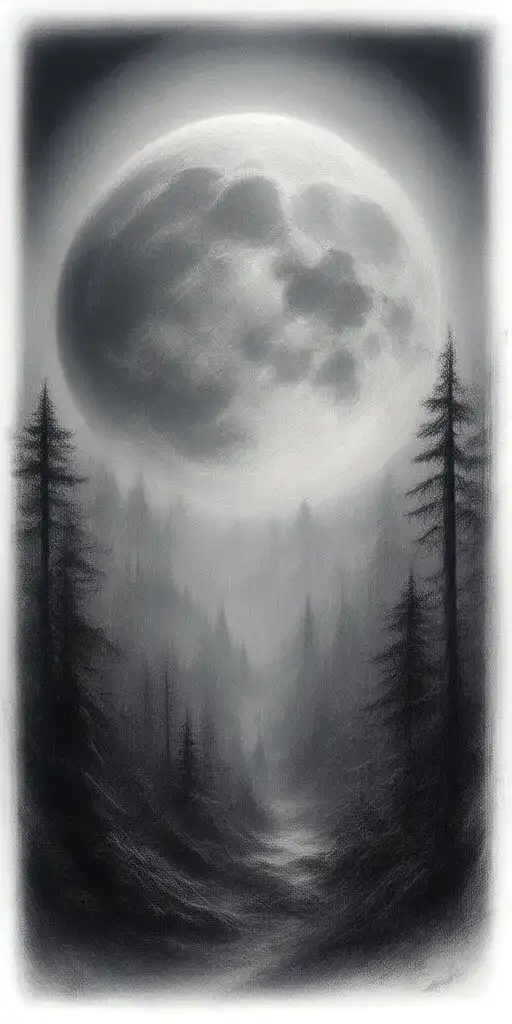 Massive Forest Landscape With Huge Moon In The Background
