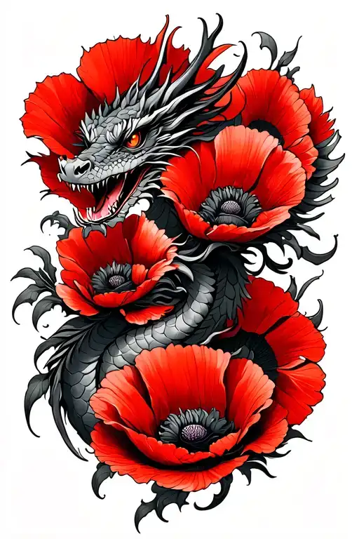 Dragon Intertwined With Red Poppies