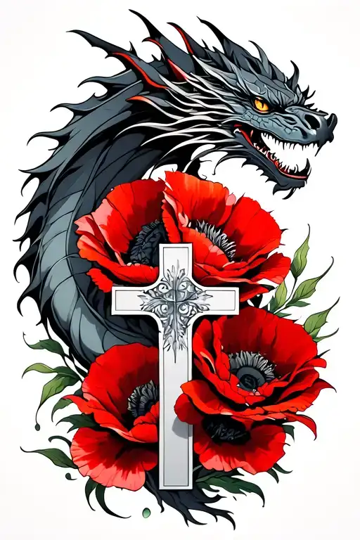 Dragon Above Red Poppies And Cross