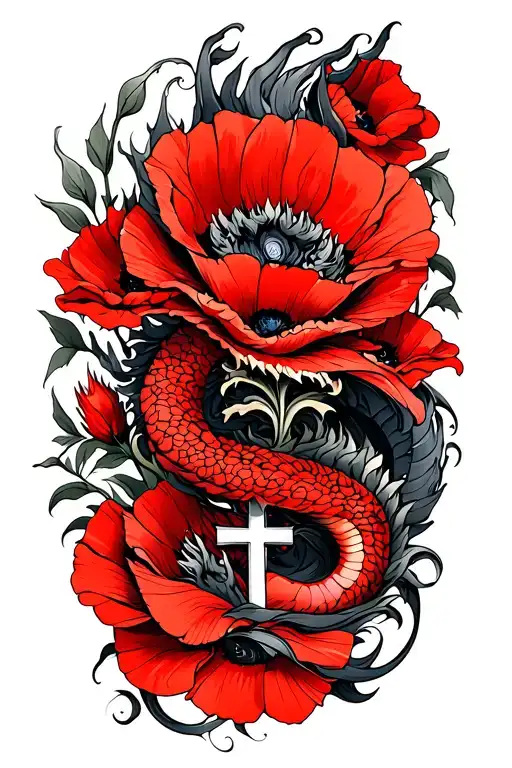Dragon Wrapped Around Red Poppies And Cross