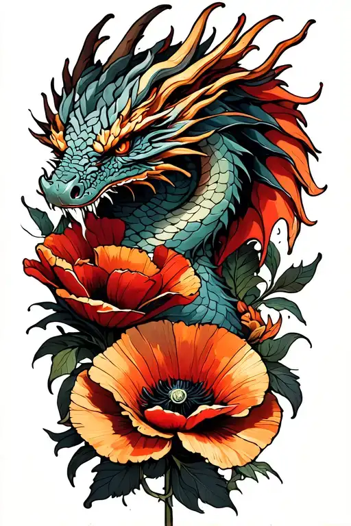 Dragon Wrapped Above Poppies And Cross