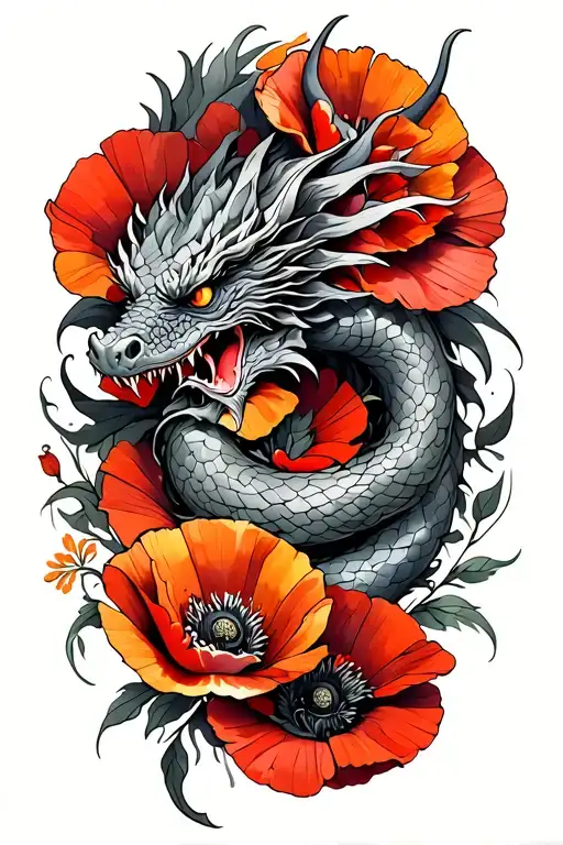 Dragon Wrapped Above Poppies And Cross