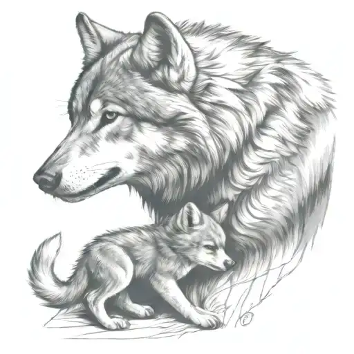 Wolf Protecting Cub Playing