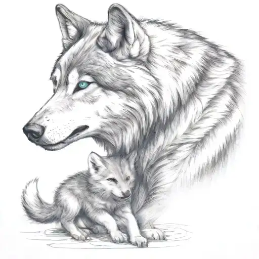 Wolf Protecting Cub Playing Blue Eyes