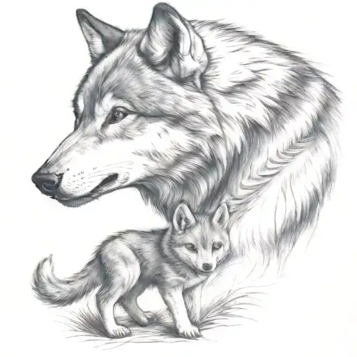 Wolf Protecting Cub Playing Dark Blue Eyes