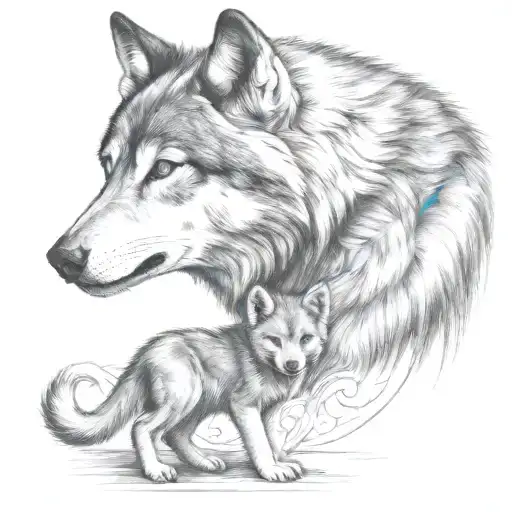 Wolf Protecting Cub Blue Eyes