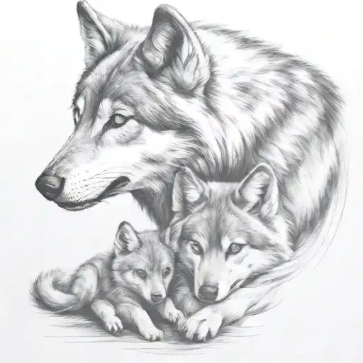 Wolf Protecting Cub Blue Eyes