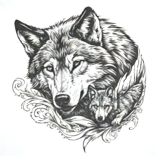 Wolf Protecting Cub With Looking Menacing