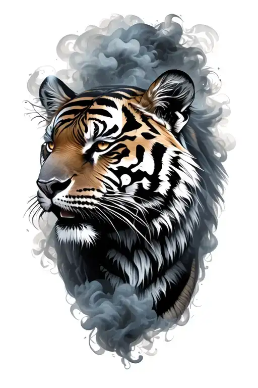 Tiger Head From Side View Surrounded By Smoke Fog