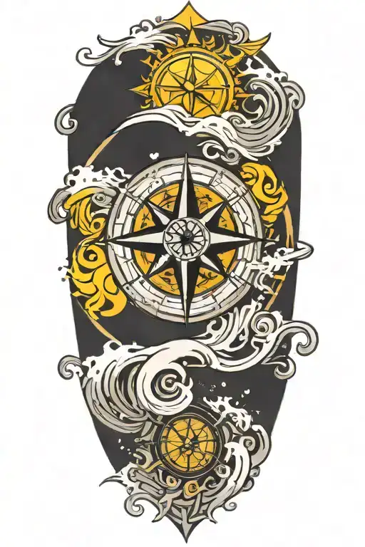 A Detailed Compass Rose Surrounded By Swirling Ocean Waves And A Radiant Sun