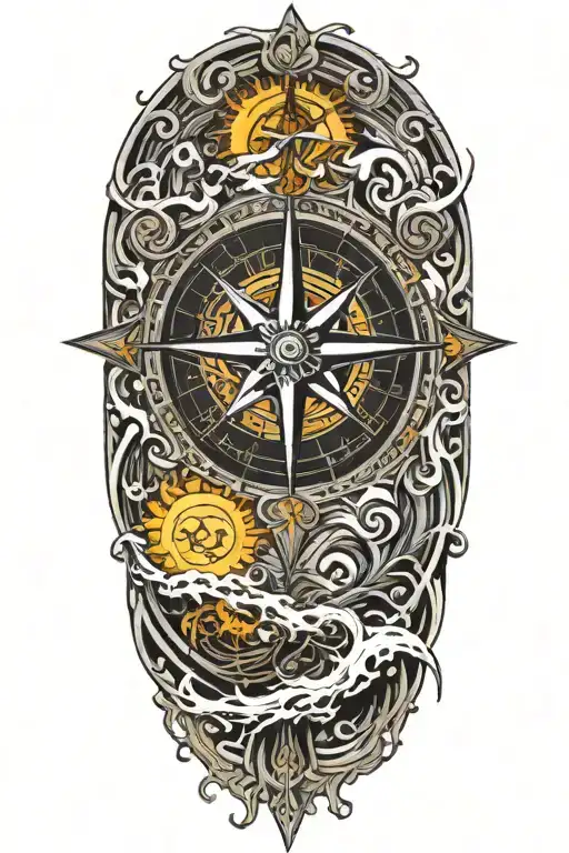 A Detailed Compass Rose Surrounded By Swirling Ocean Waves And A Radiant Sun