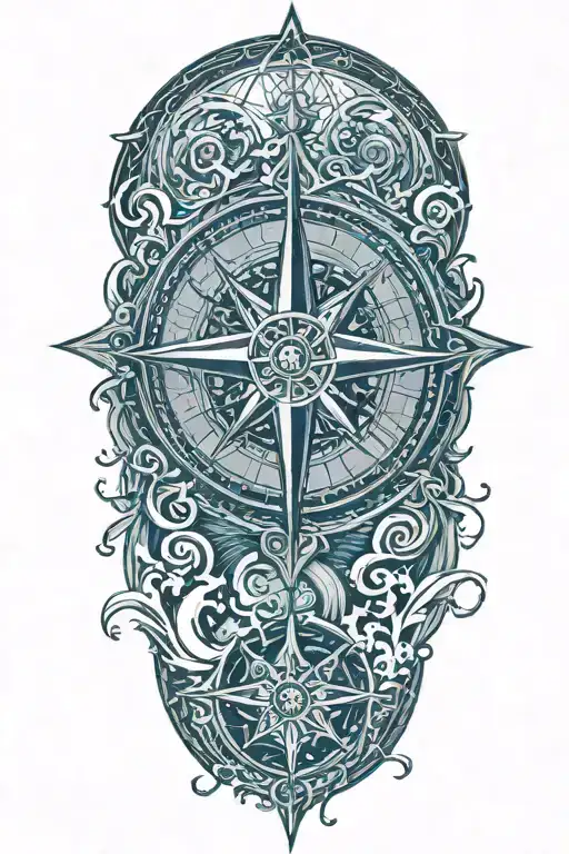 A Detailed Compass Rose Surrounded By Swirling Ocean Waves And A Radiant Sun