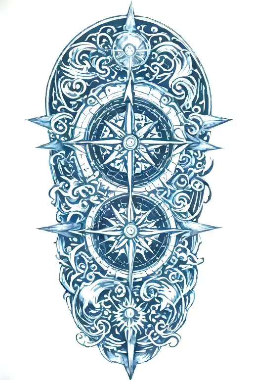 A Detailed Compass Rose Surrounded By Swirling Ocean Waves And A Radiant Sun