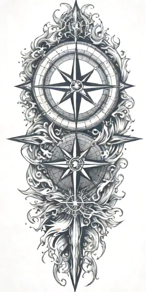 A Detailed Compass Rose Surrounded By Flowing Water And Sun Rays Representing Guidance And Strength