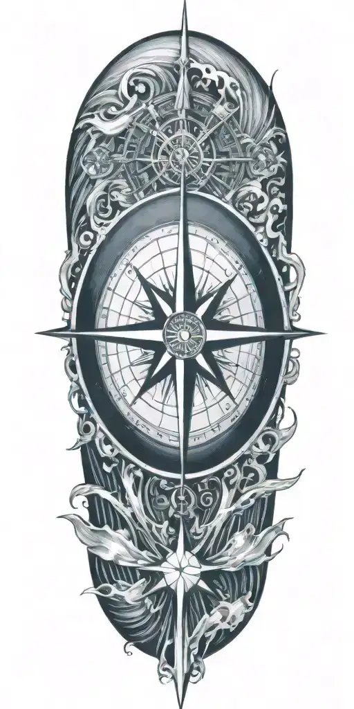 A Detailed Compass Rose Surrounded By Flowing Water And Sun Rays Representing Guidance And Strength