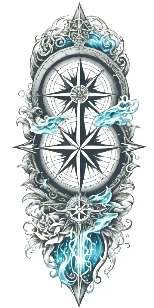 A Detailed Compass Rose Surrounded By Flowing Water And Sun Rays Representing Guidance And Strength