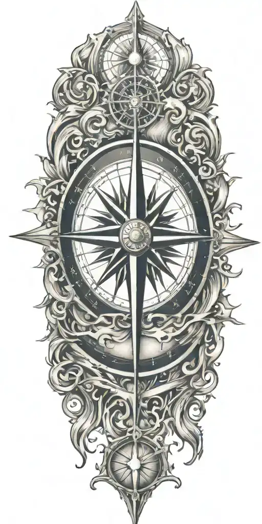 A Detailed Compass Rose Surrounded By Flowing Water And Sun Rays Representing Guidance And Strength