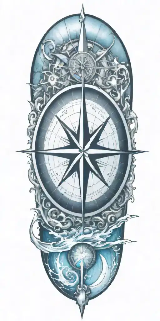 A Detailed Compass Rose Surrounded By Flowing Water And Sun Rays Representing Guidance And Strength