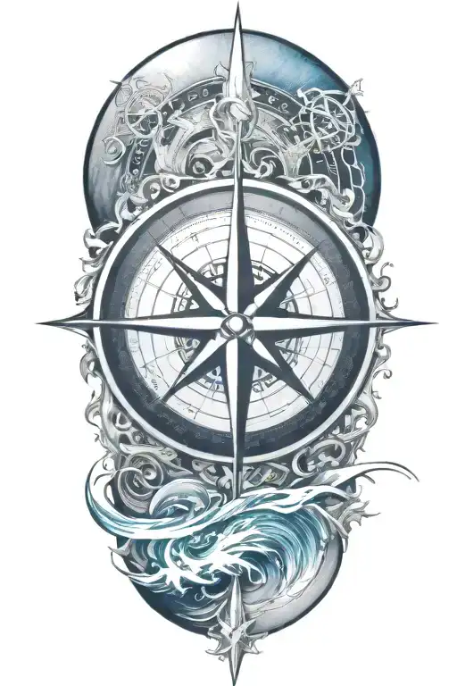 A Detailed Compass Rose Surrounded By Flowing Water And Sun Rays Representing Guidance And Strength