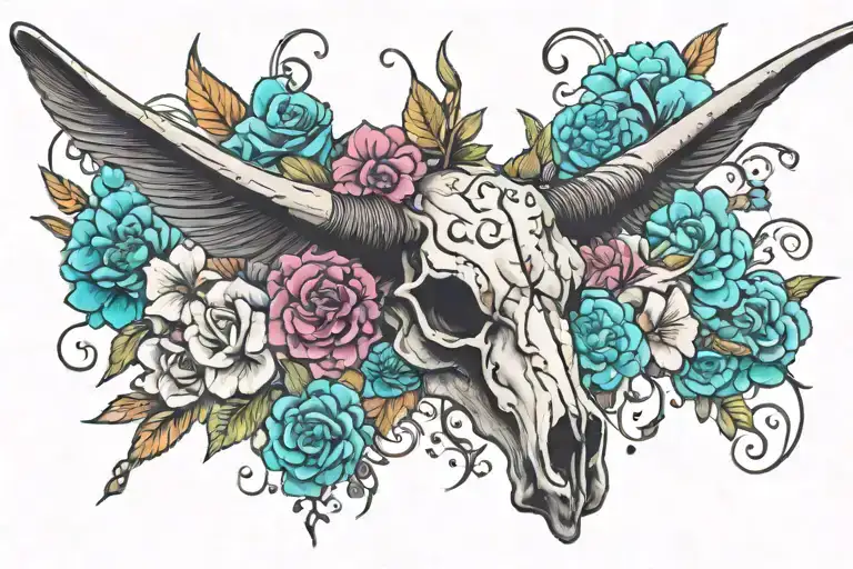 Longhorn Skull With Flowers With Hummingbird Perched