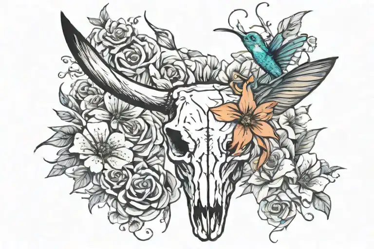 Longhorn Skull With Flowers With A Hummingbird Sitting