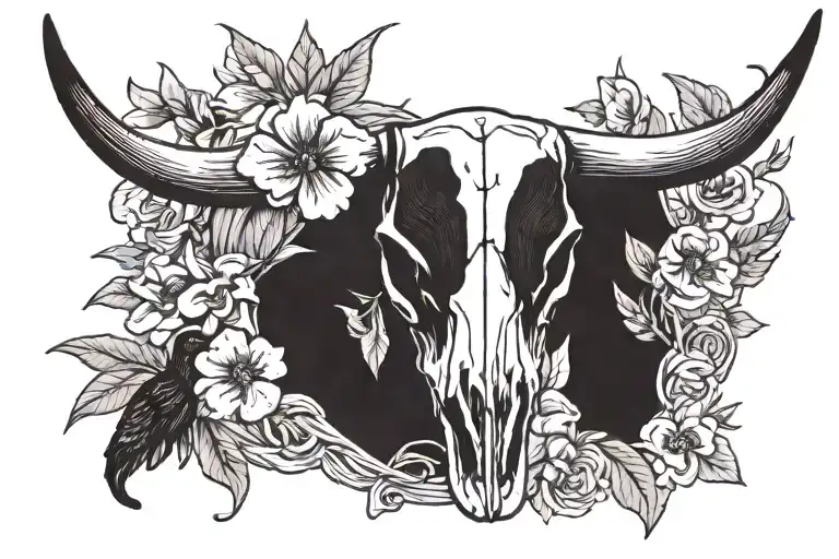Longhorn Skull With Flowers With A Hummingbird Sitting On The Horn