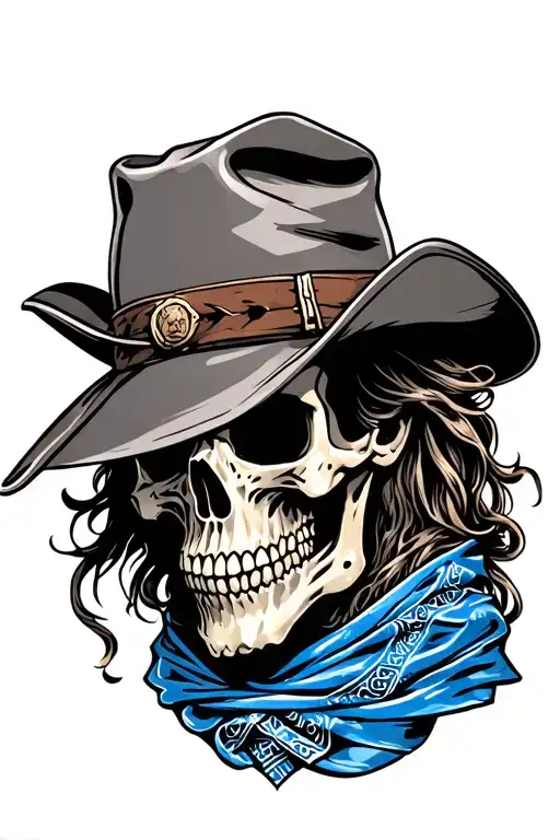Marauder Skull Cowboy Hat With Blue Bandana Covering Face Like Robber