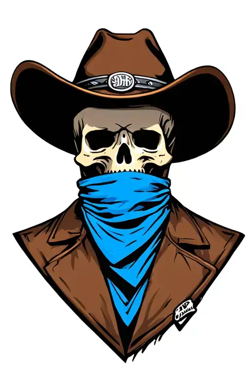 Marauder Skull Cowboy Hat With Blue Bandana Covering Face Like Robber