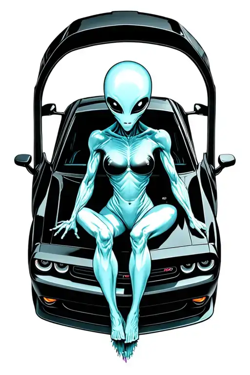 An Alien Sitting Inside Of A Black Dodge Challenger Car