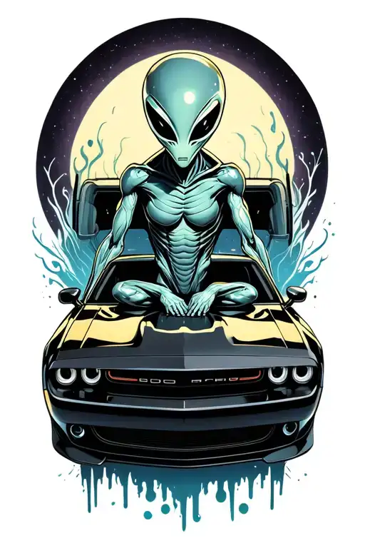 An Alien Sitting Inside Of A Black Dodge Challenger Car