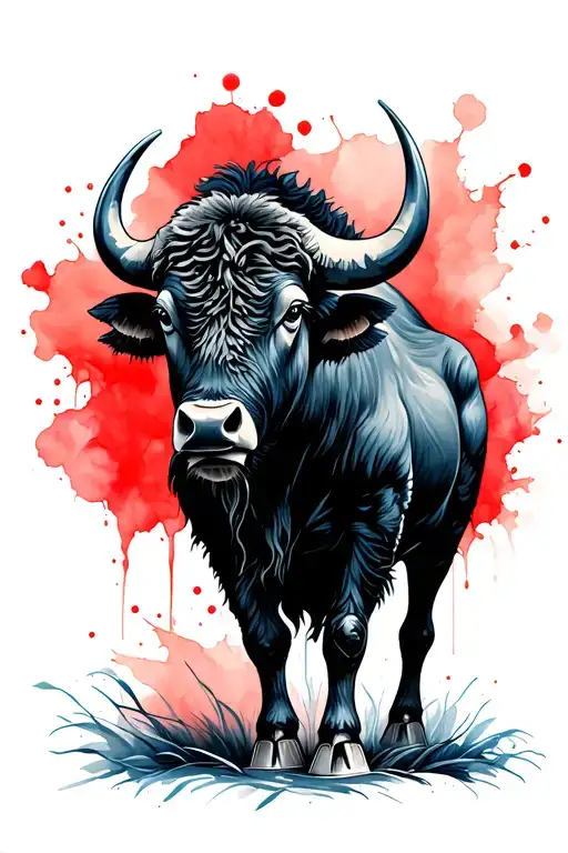 Standing Buffalo Outline With Red And Blue Watercolor Behind It
