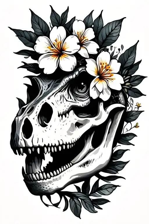 Dinosaur Skull And Sri Lankan Jasmine Flowers