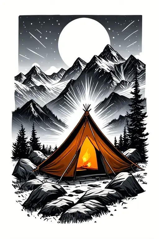 Force Landscape With A Tent Illuminated With Light In The Background In The Mountains