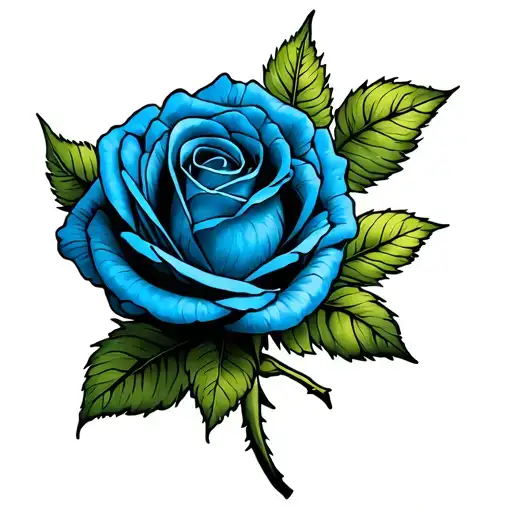 Blue Rose With Green Leaves