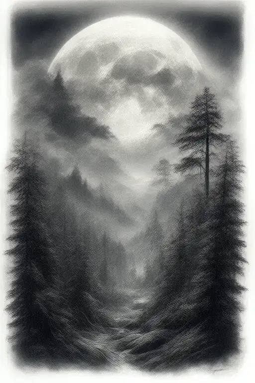 Massive Forest Landscape With Huge Moon In The Background