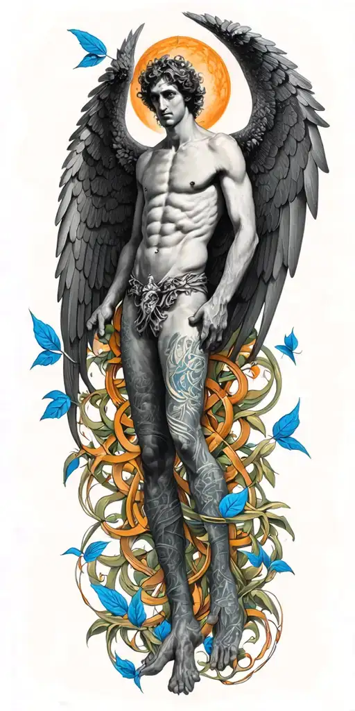 Skinny Lucifer Franz Von Stuck With Wings Surrounded By Blue Celtic Leaves