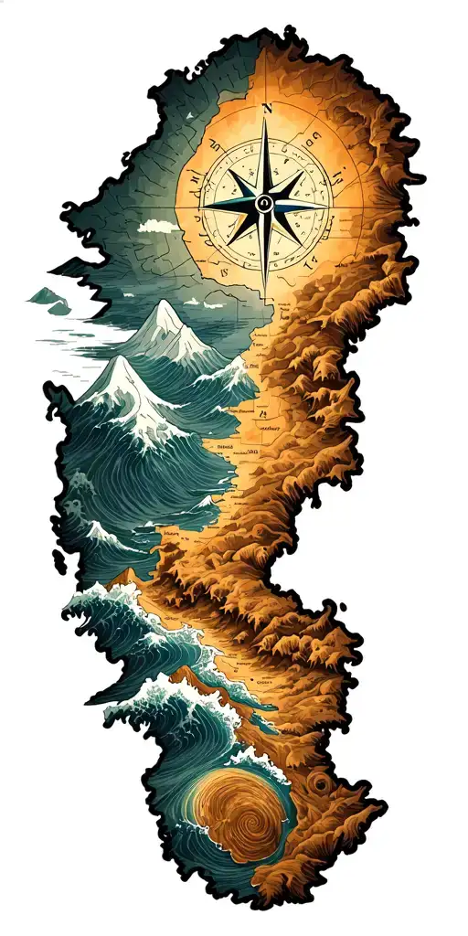 Map Outline With Compass Mountains And Waves