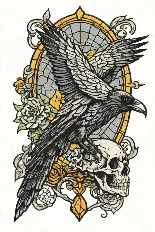Raven On Skull Stained Glass Window