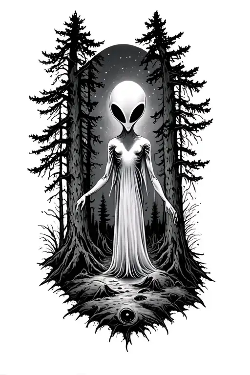 Alien Abduction Scene Surrounded In A Forest