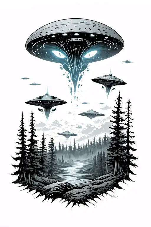 Alien Abduction With Alien Spaceships Surrounded In A Forest