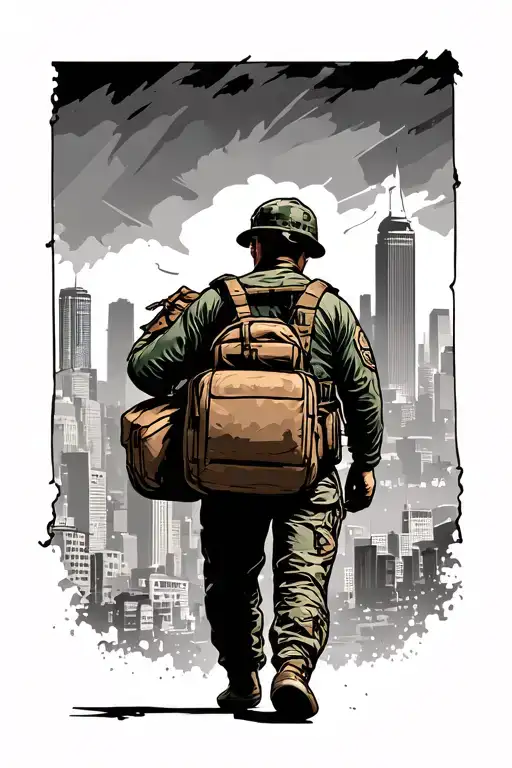 Solider Leaving Home With Bags Packed Behind The Columbus Ohio Skyline