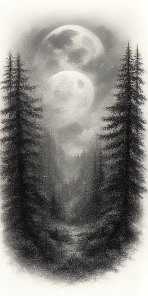 Massive Forest Landscape With Huge Moon In The Background