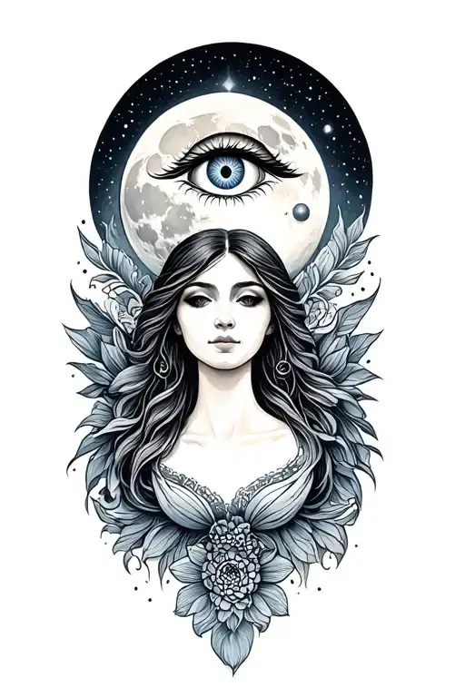 A Beautiful And Enlightened Being With A Third Eye Crossing The Moon In Space