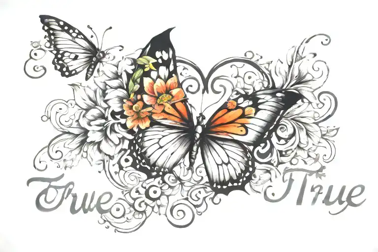 The Name True With Butterflies And Hearts