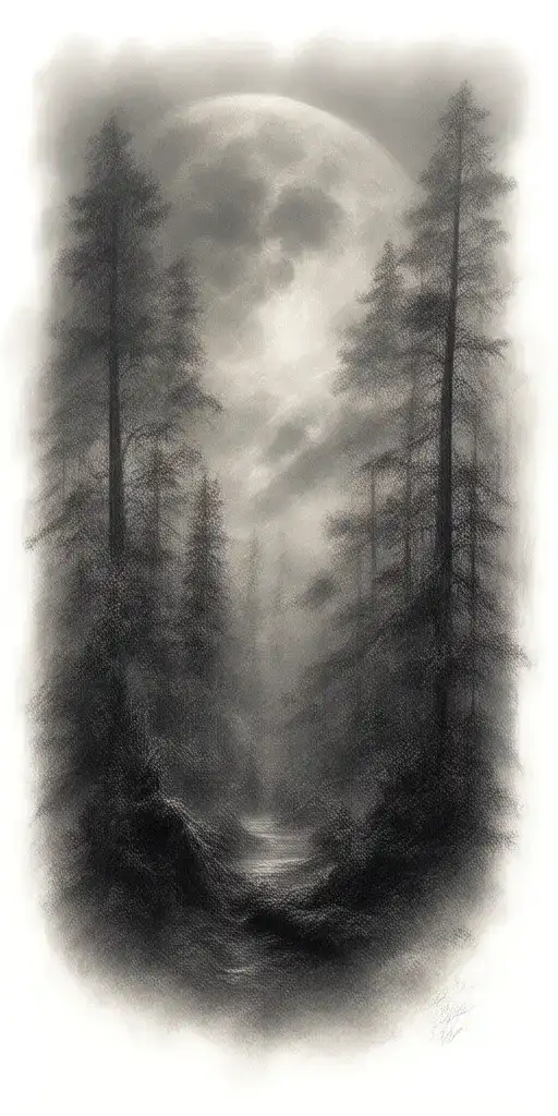 Massive Forest Landscape With Huge Moon In The Background