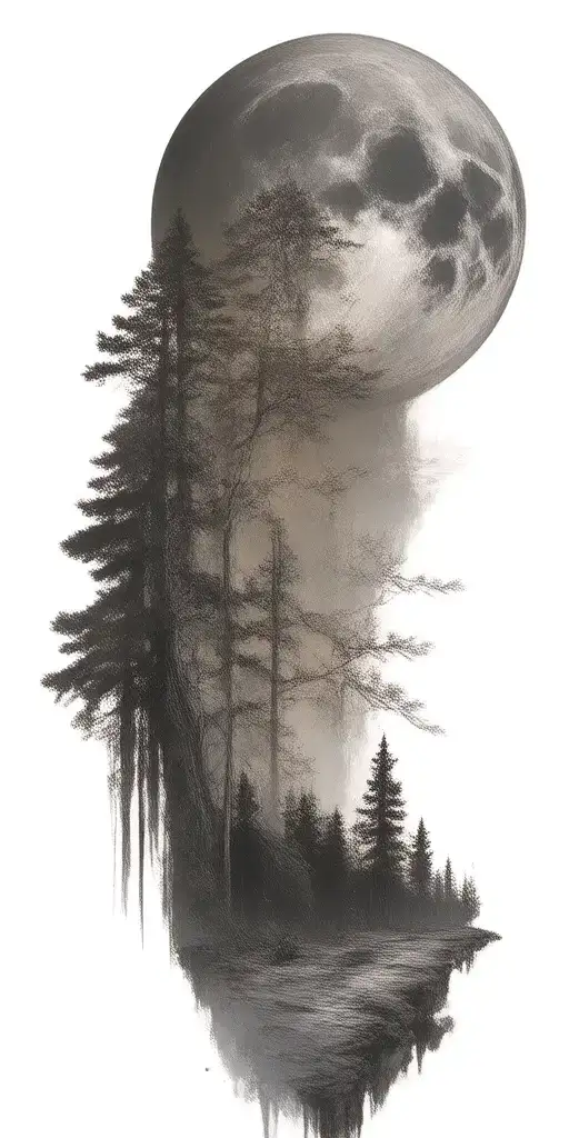 Massive Forest Landscape With Huge Moon In The Background
