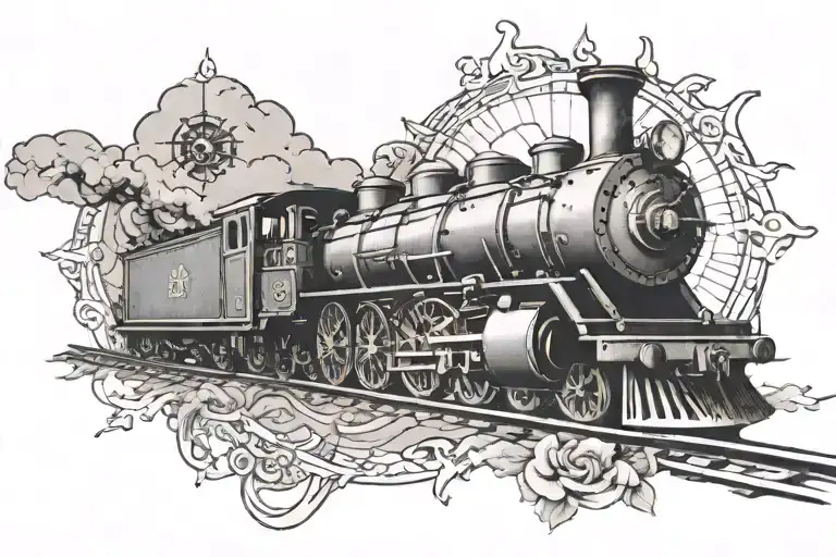 A Train Winding Through A Smoky Compass Rose