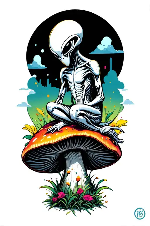 Tall And Thin Psychedelic Alien Sitting On A Mushroom