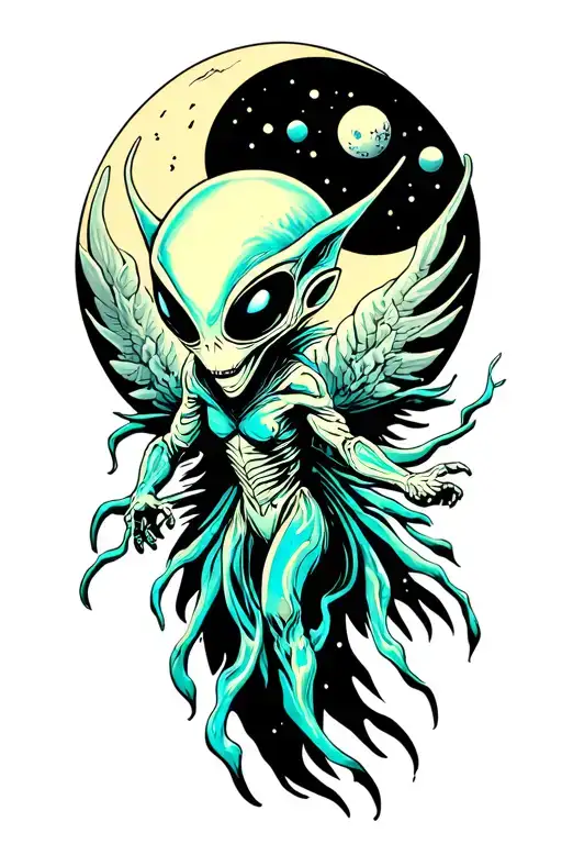 Psychedelic Alien Flying Over The Moon